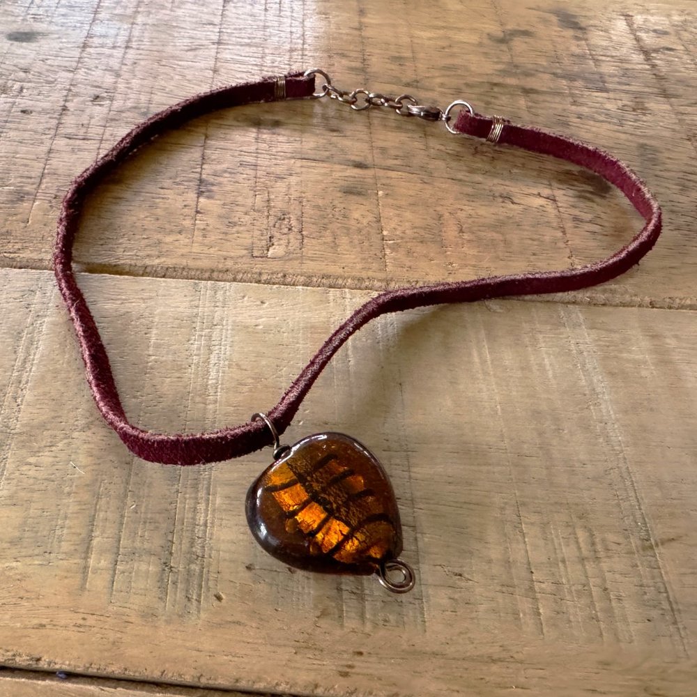 Maroon Suede Choker w/ Amber glass heart pendant